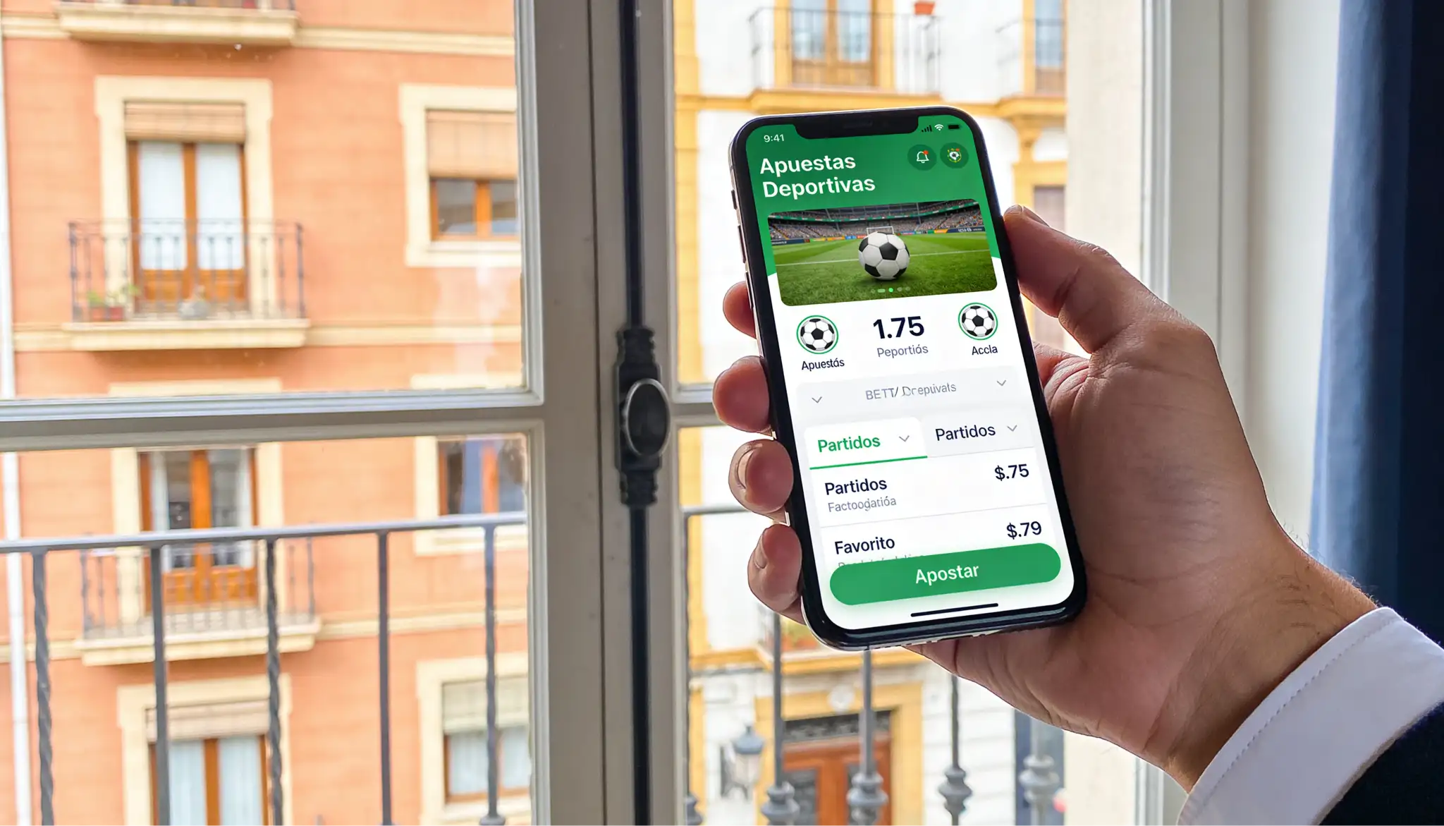 Dispositivo móvil mostrando aplicación de apuestas deportivas con licencia española