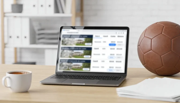Laptop abierto sobre escritorio con vista de estadio de fútbol