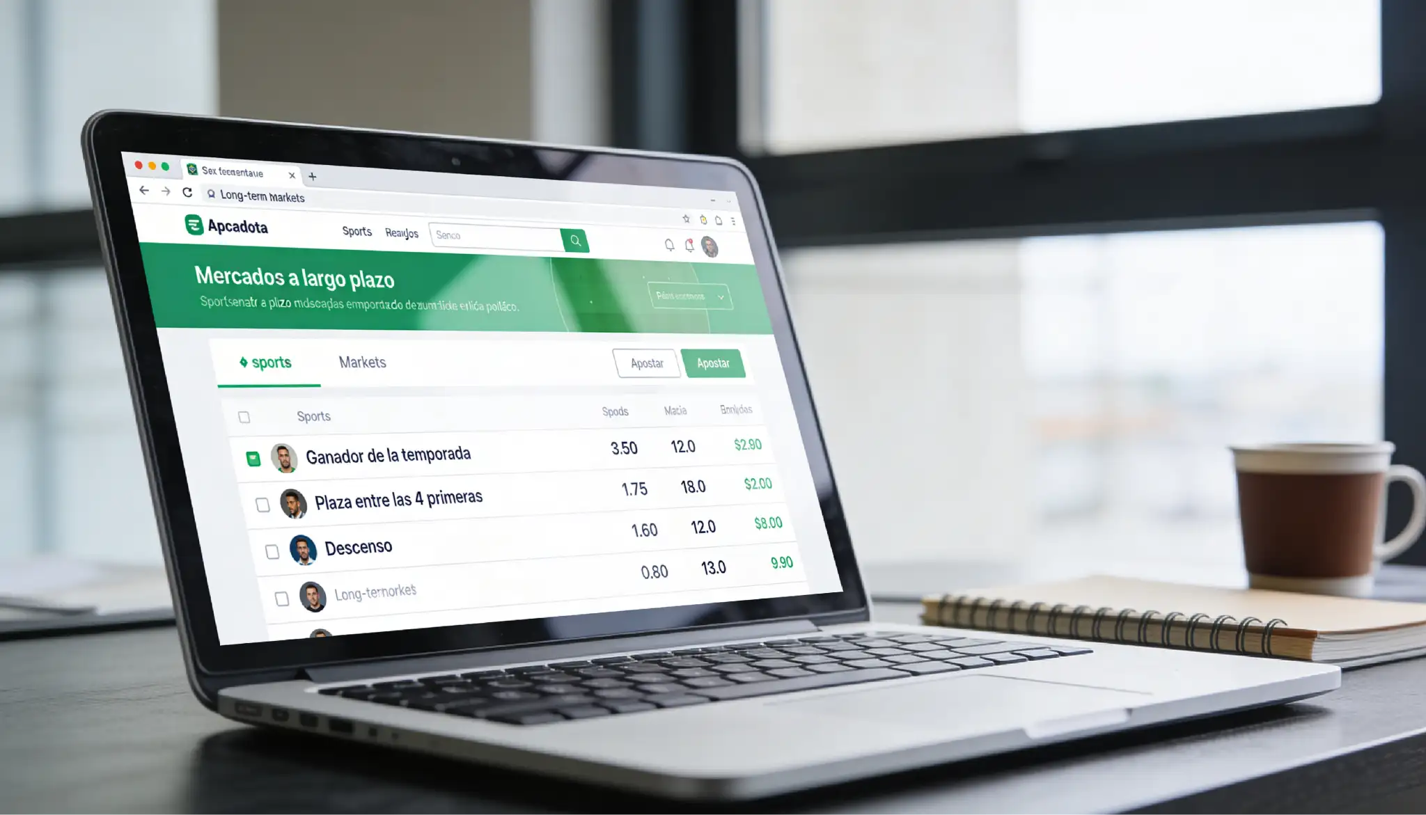 Pantalla de operador mostrando mercados de apuestas a largo plazo de fútbol
